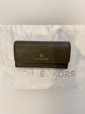 Michael Kors Dark Olive Green Pebbled Leather Continental Wallet with Gold Logo